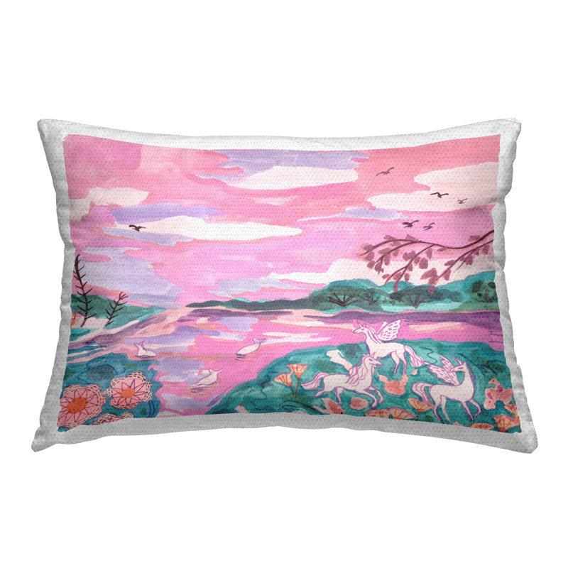 Coussin d'extérieur imprimé rose avec licornes fantaisistes par Melissa Wang