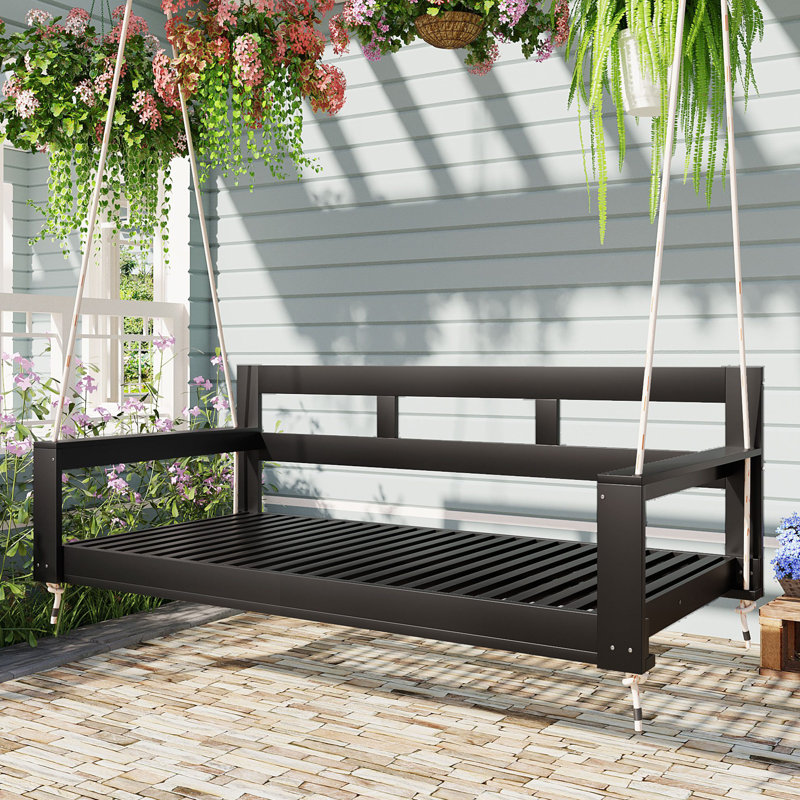 Structure de lit de jour de balançoire en bois pour patio avec banc de balançoire avec 4 cordes, Noir