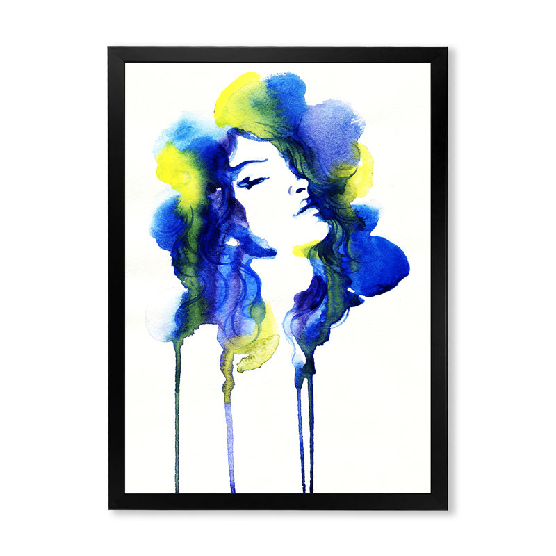 «Blue Yellow Ink Fashion Portrait» - œuvre d'art sur toile Glam, Impression noire sur toile encadrée, L 12 po x H 20 po