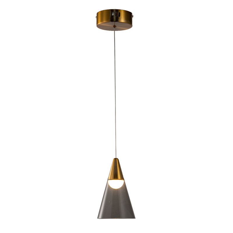 Luminaire suspendu 1 lumière en aluminium doré antique avec abat-jour acrylique fumé