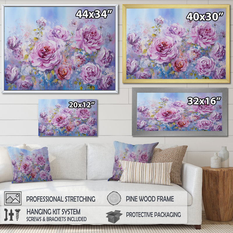 Fleurs roses mauves - art mural sur toile avec champ de fleurs, Cadre simple blanc, H 24 po x l 32 po x P 1 po