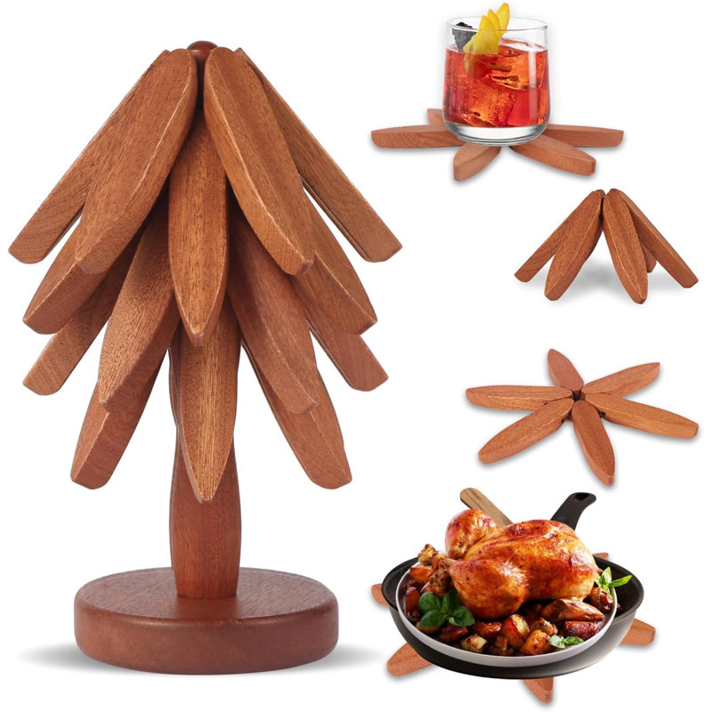 Dessous d'arbre en bois pliable pour plats chauds / pots / bols / théières / supports à fondue, cadeaux pour la famille / amis, décorations de cuisine mignonnes et pratiques (lisses - 4 pièces)