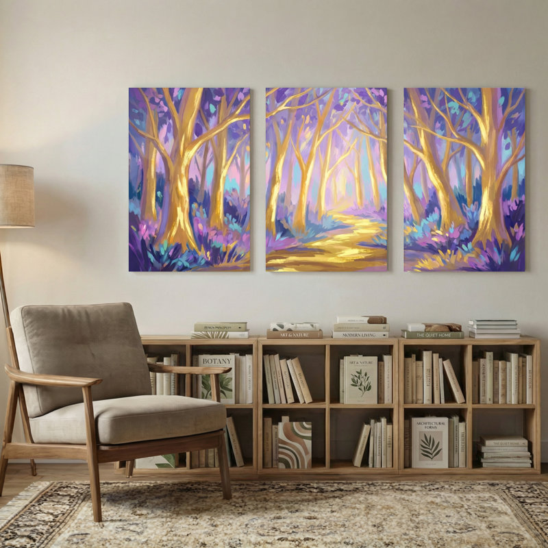 Abstrait chemin doré à travers les arbres de la forêt mauve, ensemble de 3 impressions sur toile, 18” H x 36” W