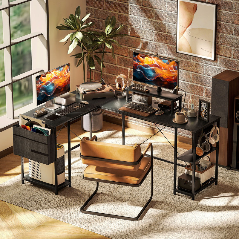 L-Shaped Metal Base Computer Desk, Black