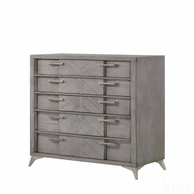 Commode 5 tiroirs, placages assortis gris