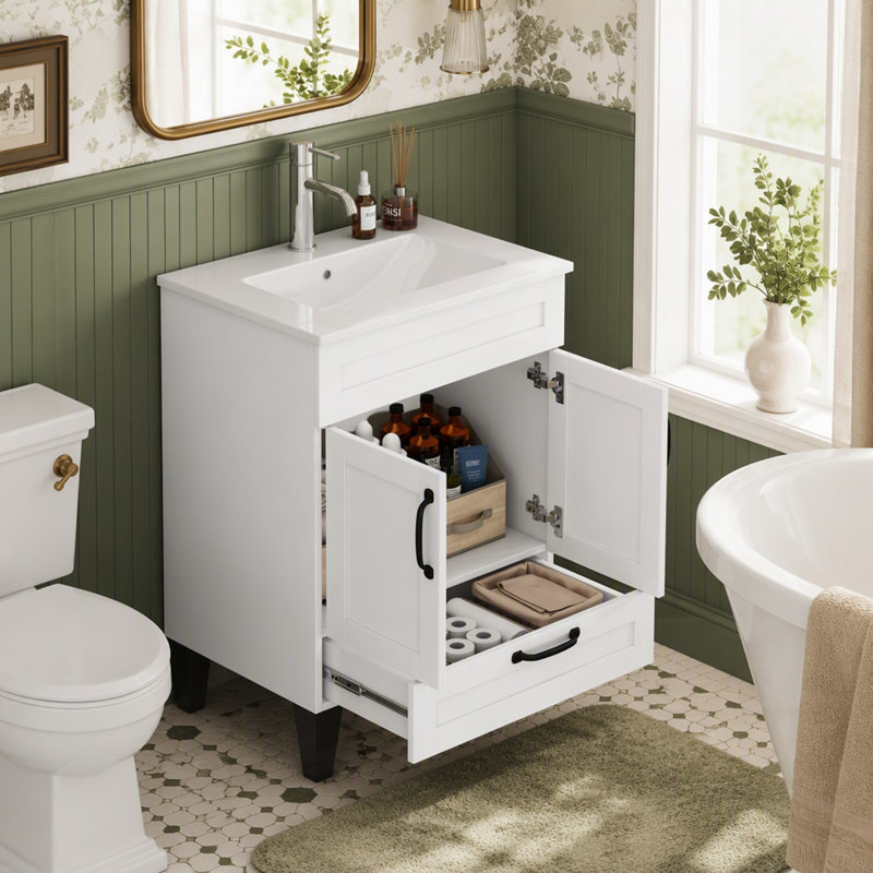 Meuble-lavabo moderne avec lavabo, 2 portes, 1 grand tiroir, charnières à fermeture douce, poignée en métal et pattes pour un montage facile