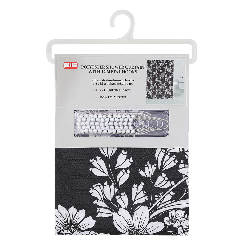 Rideau de douche en polyester + crochets en métal - noir / floral