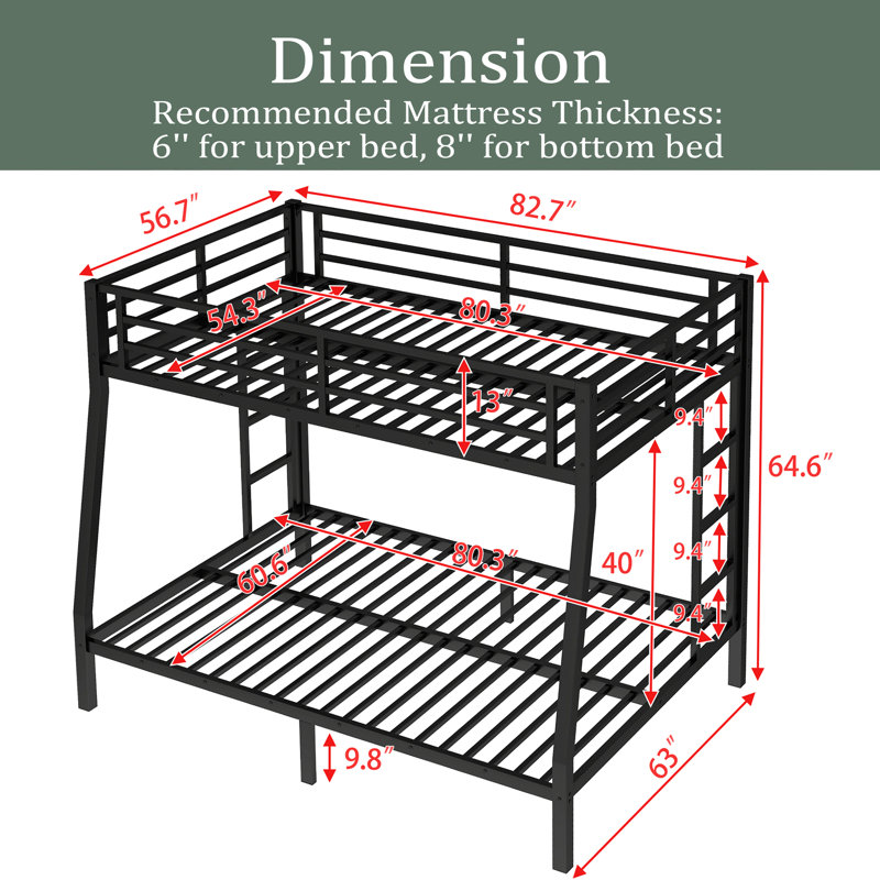 Metal Full XL Over Queen Bunk Bed For Teens And Adults,Space-Saving/Noise Reduced/No Box Spring Needed, Full XL over Queen