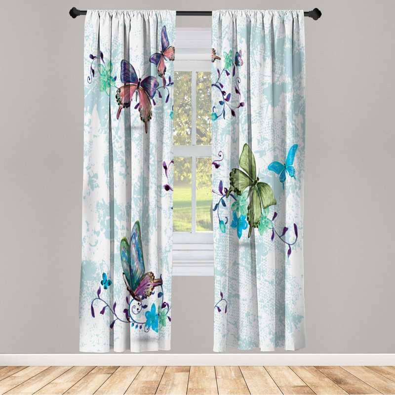 Microfiber Floral Semi-Sheer Rod Pocket Curtain Panels, 28" W x 63" L, White/Blue/Green