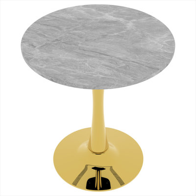 27.6-Inch Round Dining Table for 2-4, Mid-Century Modern Style with Gray Faux Marble Top and Gold Pedestal Base