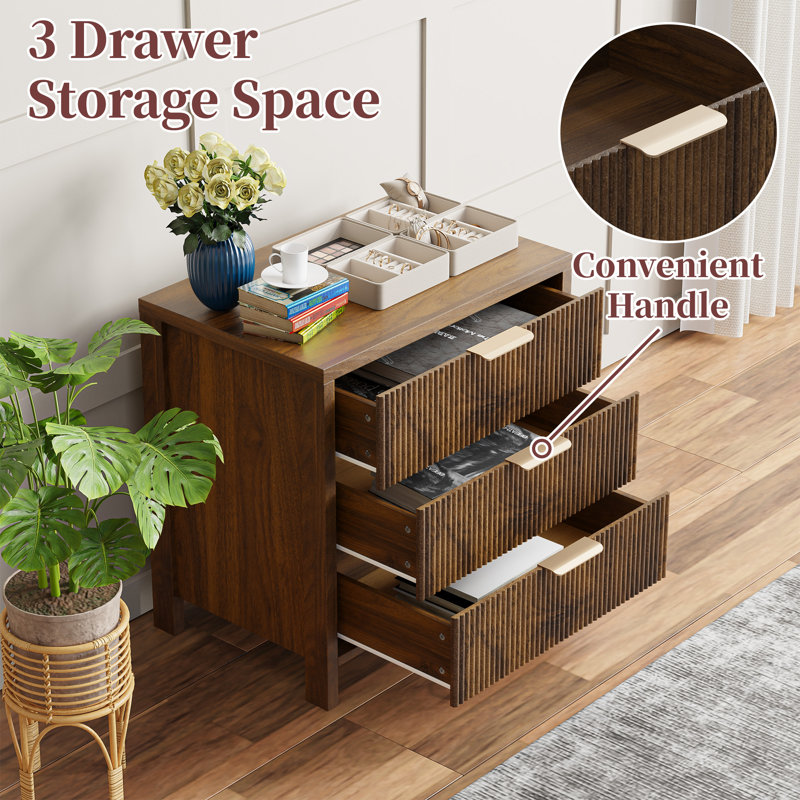 Modern Fluted Bedside Table with 3 Drawers, Walnut, Individual