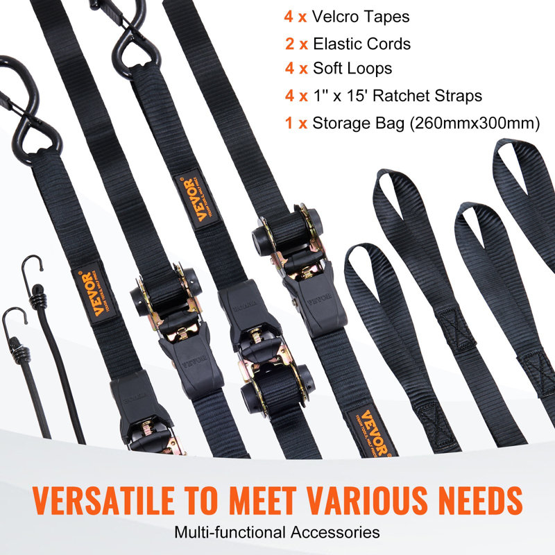 Ratchet Tie Down Straps (4PK), 2200 lb Max Break Strength, Includes 4 Premium 1" x 15' Rachet Tie Downs with Padded Handles, for Moving Securing Cargo, Appliances, Lawn Equipment, Motorcycle