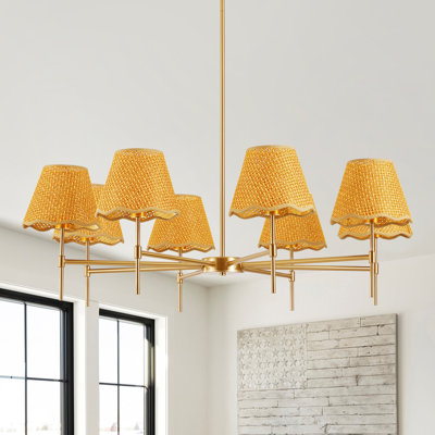 39" Gold Boho 8-Light Chandelier, Farmhouse Rustic Rattan Chandelier Light Fixture with Height Adjustable Hanging Pole for Dining Room, Living Room, Bedroom