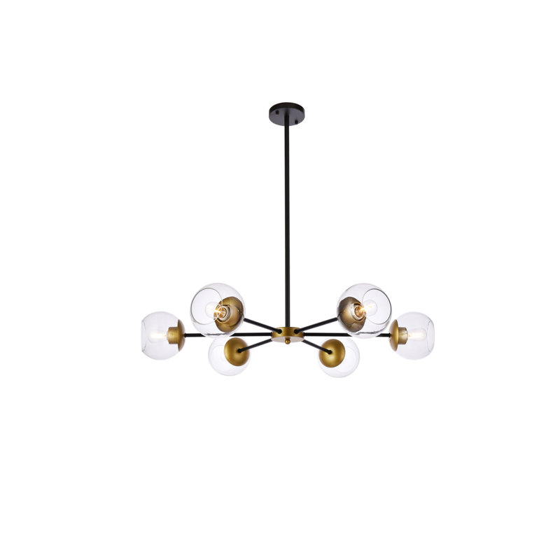Caisha 6 - Light Dimmable Sputnik Modern Linear Chandelier, Black/Brass/Clear, 6" H x 36" W x 36" D