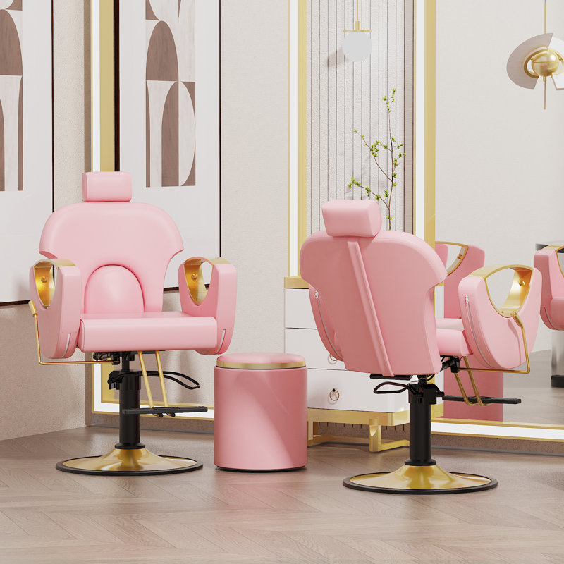 Reclining Barber Chair, Height Adjustable Hydraulic Salon Chairs, Hair Stylist Chair for Barbershop, Pink Faux Leather