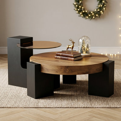 Ensemble de tables basses gigognes 2 pièces Modern Modern avec plateau en verre trempé et grain de bois