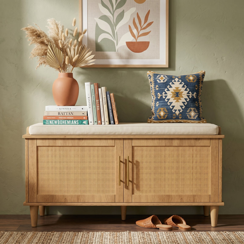 Banc de rangement pour chaussures en rotin naturel avec coussin, conception de hall d'entrée à 2 niveaux avec tablettes réglables et deux portes, pieds en bois massif, 39,4 x 15 x 20 po