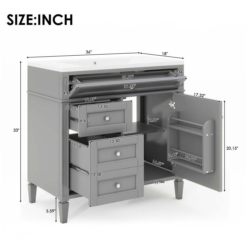 Meuble-lavabo 36 po avec lavabo supérieur, Argent argent, Gris