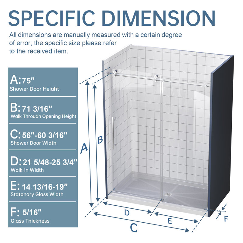 56＂- 60＂W × 75＂H Single Sliding Frameless Shower Door with 5/16＂Clear Tempered Glass, Matte Black