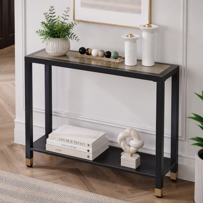 Console en verre à 2 niveaux, table d'entrée étroite et moderne avec décor en maille et structure en métal, table d'appoint multifonctionnelle avec rangement pour hall d'entrée, couloir, salon ou bureau.