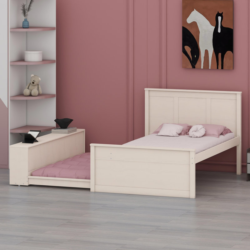 Structure de lit peu encombrante avec lit gigogne escamotable, Blanc, crème
