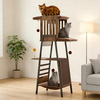 Arbre à chat moderne de 58 pouces pour grands chats, tour de chat à plusieurs niveaux avec grand perchoir, hamac, planche à gratter et coussinets amovibles, brun rustique, parfait pour les Maine Coons
