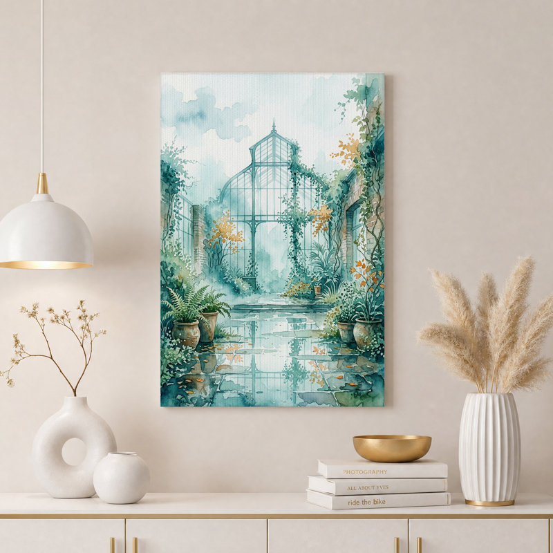 Aquarelle sur toile avec fougères en pot, art mural, H 18 po x l 12 po