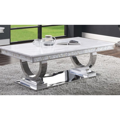 Table basse en simili marbre blanc avec finition argentée miroir, plateau de table épais de 18 mm d'épaisseur, élégant pour le salon moderne avec surface et surface épaisse et sophistiquée, acier inoxydable