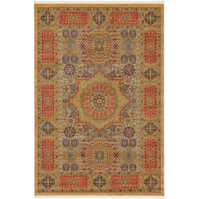 Tapis oriental vert clair et beige foncée Ophelia, Red/Tan, Rectangle 6 pi 1 po x 9 pi