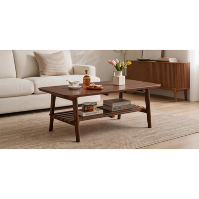Table basse en bois avec tablette de rangement, centre de table rectangulaire Mid-Century pour le salon, brun noyer