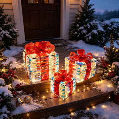 Christmas Lighted Gift Boxes Set of 3 Pres-lit 120 LED Light Up Boxes with Red Bows for Christmas Trees Holiday Display Party Indoor Yard Lawns Decors Christmas Decor Gifts