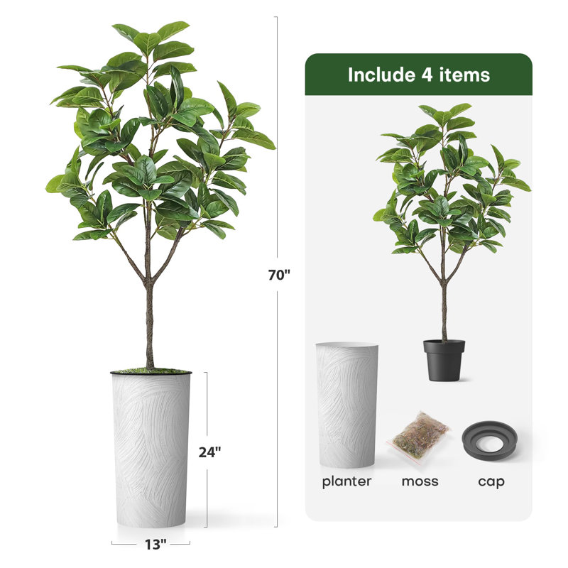 Artificial Tree in Modern Geometric Pattern Planter Fake Rubber Silk Tree (Plant Pot Plus Tree), Scrathes Off White