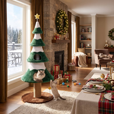 Arbre à chat sapin de Noël de 157 cm pour chats d'intérieur, condo à plusieurs niveaux avec poteaux à griffer en sisal, cachette douillette et jouet interactif, meuble festif pour décorer les fêtes