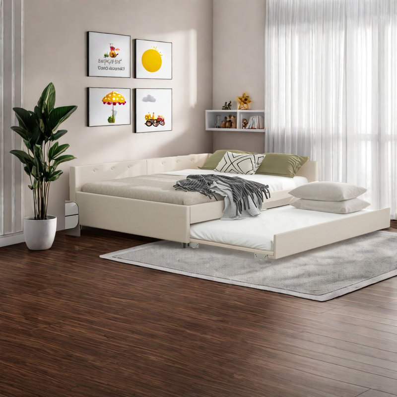 Modern Queen Wood Bed With Storage And Usb, Beige Upholstered