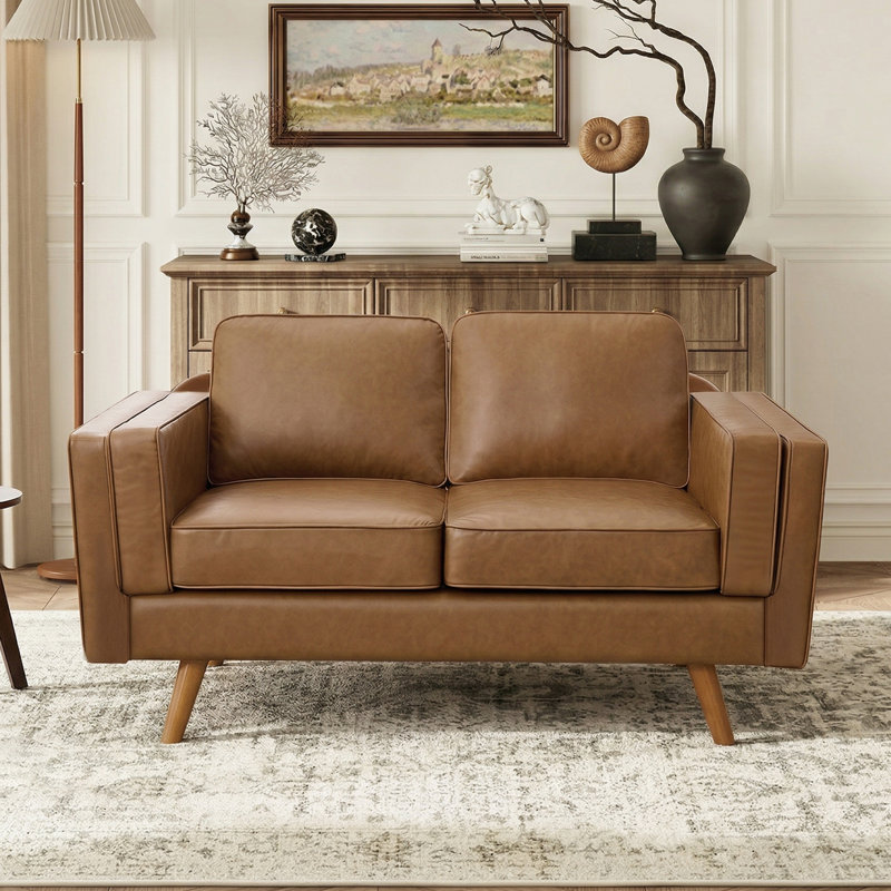 62.2'' Wide Upholstered Loveseat With Solid Wood Legs, Brown Faux Leather