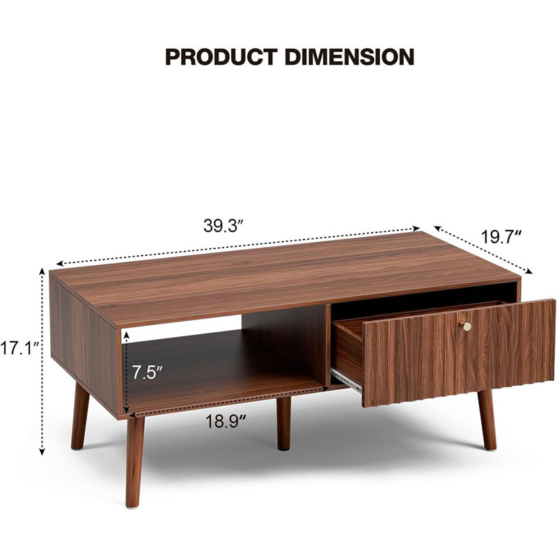 Fluted Coffee Table With Storage, Mid Century Dining Table With Drawer And Solid Wood Legs, Small Coffee Tables For Living Room, Walnut
