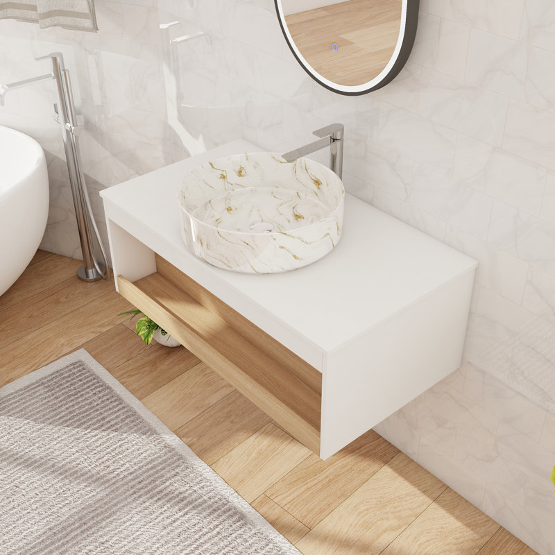 Meuble-lavabo mural simple 36 po avec lavabo en céramique et comptoir flottant avec 1 tablette ouverte, L 36 po, Blanc / doré