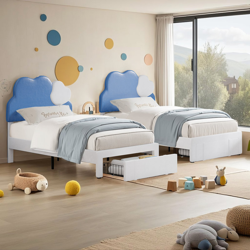 (Set of 2) Twin Upholstered Platform Bed with Cloud-Shaped Headboard and Under-Bed Storage Drawer