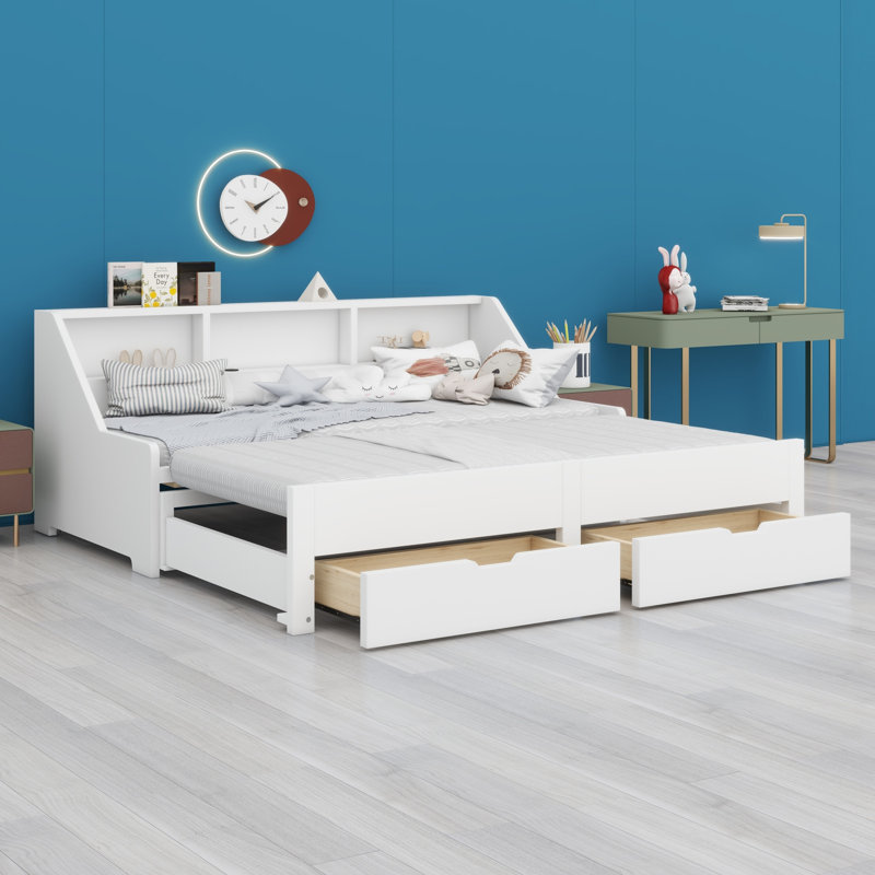 Structure de lit de jour contemporaine avec tiroirs de rangement, tablettes et fonction de chargement, White