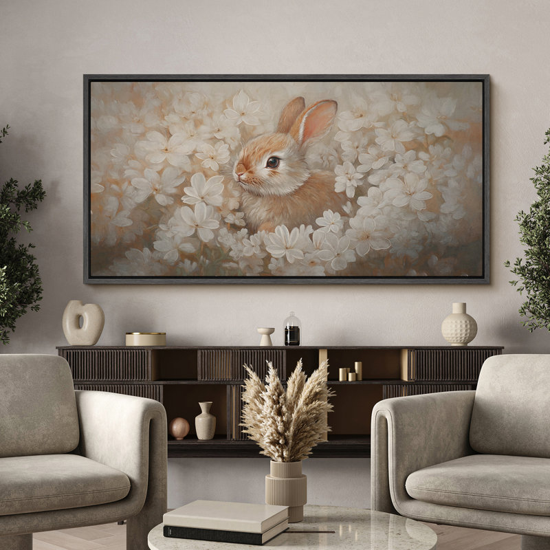 "Mignon lapin avec fleurs blanches", art mural sur toile neutre neutre pour chambre d'enfant ou chambre d'enfant, Noir
