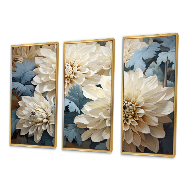 «Chrysanthemums White Blue Mosaic Garden II - Chrysanthemums», ensemble d'art sur toile, Cadre flottant doré