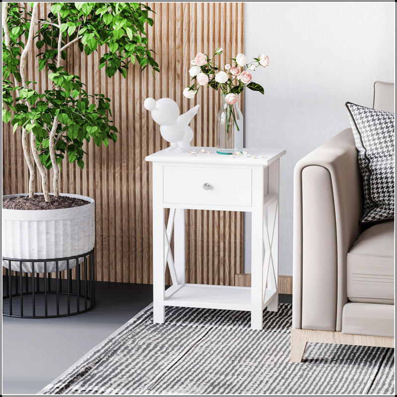 Table d'appoint, table de bout Farmhouse avec tiroir de rangement, tablette ouverte et structure en X, table de chevet