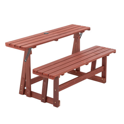 2-in-1 Convertible Bench Picnic Table 30W x 55.5D x 37.4H in Wood 1 Piece Outdoor Patio Chair Brown Solid Wood Waterproof & UV Resistant