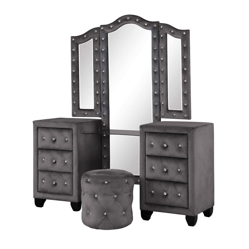 Ensemble de meuble-lavabo capitonné en cristal de style moderne avec 6 tiroirs et tabouret, fini en velours de bois, Gris