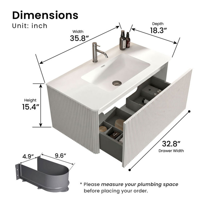 Hannemarie Pre-Assembled Wall Mounted Single Bathroom Vanity with Top with Overflow, White, 36", Matte White