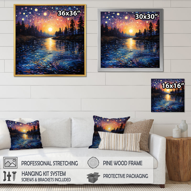 «Vangogh Twilight Reflections Pointillism - Vangogh Wall Art» par Vincent Van Gogh, peinture, H 24 po x l 24 po, Doré