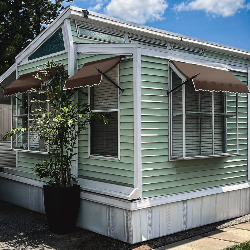 Awntech New Orleans Acrylic Fabric Fixed Awning with Iron Spear Arms, Brown, 24" H x 40.5" W x 16" D