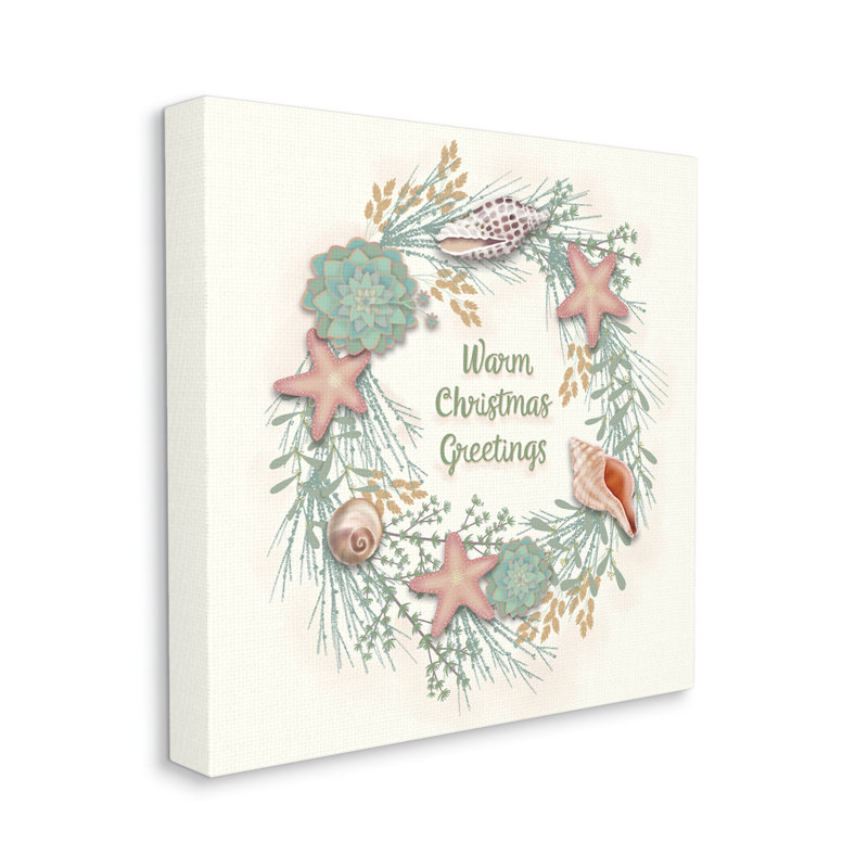 «Warm Christmas Greetings», coquille de plage, thème, couronne noire, estampe numérique, art texturé par Darlene Seale