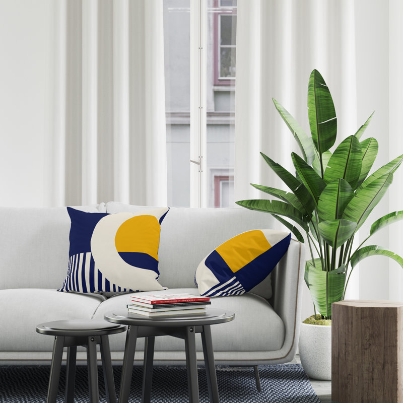 Jeté carré en polyester intérieur / extérieur, L 17 po x H 17 po, Jaune / Bleu Marine