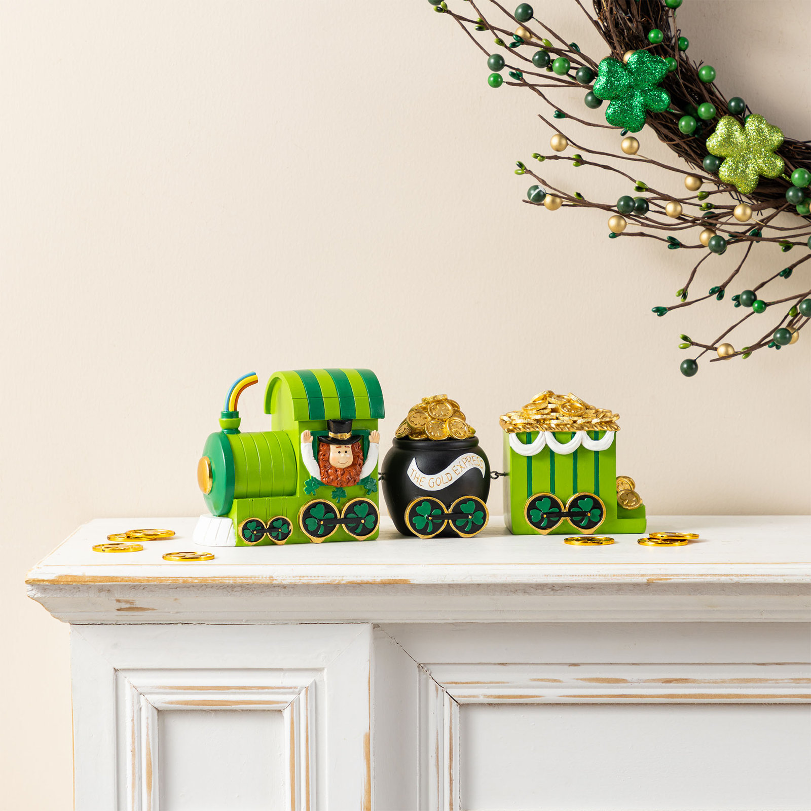 Set Of 3 St.Patrick's Resin Leprechaun Train Table Decor